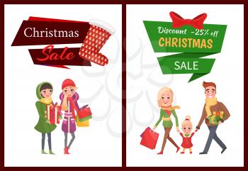 Christmas sale and shopping holiday preparation vector. People having fun walking with presents and boxes, bags with gifts, family mom and dad friends