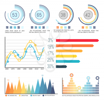 Infographic and pie diagrams, curve lines visual info vector. Percentage and numeric data, statistics on graphics, flowcharts and infocharts isolated