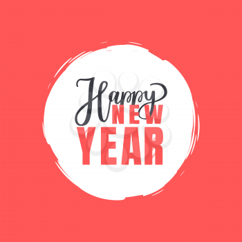 Happy New year lettering text with calligraphic inscription. Vector greeting typography doodle with handwritten font, print in color vector round frame