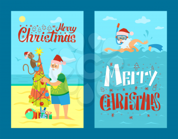 Merry Christmas, Santa Claus and monkey decorating umbrella as New Year tree. Saint Nicholas on rest swimming in scuba diving mask in sea or ocean, vector