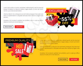 Blot and ribbons with wrapped presents gifts on landing pages, clearance and promotion, special offer adverts. Best choice 55 percent sale, vector