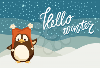 Hello winter Christmas holiday celebration, penguin with smooth feathers wings vector. Animal wearing hat, snowing cold weather character from pole