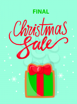 Final Christmas sale with gift box isolated on snowflakes. Total discounts and gingerbread present decorated by red bow, sweet cookies and discounts