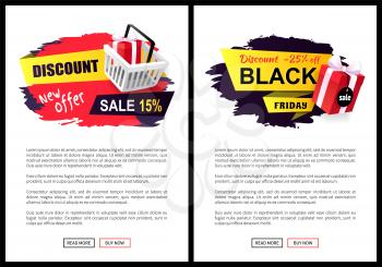 Black friday, offers and sales from shops stores vector. Web pages with text sample, presents in shopping basket, gifts and bows made of decor ribbons