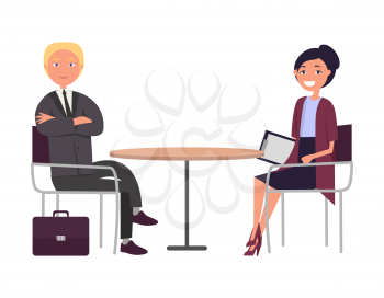 Man in suit and woman in skirt speak at business meeting. Office workers on job interview around table with folder of documents vector illustration.