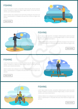 Fishermen fishing from platform and from bank. Standing and sitting fishers with fish-rods, fish in hands and tackle sport sketch vector illustration