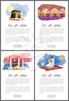 Eid Al Adha great muslim holiday online pages. Mosque interior and exterior with towers, Arab prays on carpet at web posters vector illustrations.
