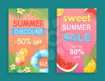 Sweet summer sale discount vector. Posters set with alcoholic cocktail beverage price reduction, watermelon and pineapple with citrus orange fruit