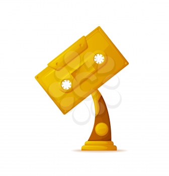 Trophy for songs vector, reward for achievements of musicians, isolated icon of cassette. Champion recorded tape with music. Gold price on pedestal