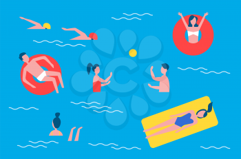 Swimming pool and people set in water playing polo games with ball. Swimmers and chilling person on lifeline lifebuoy posters set with text vector