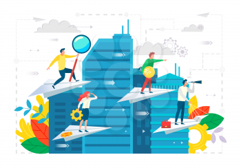 Business ambitions vector, businessman with magnifying glass and woman holding cogwheel in hands, cityscape and paper planes with workers on top flat, achievement leadership career. Search new idea