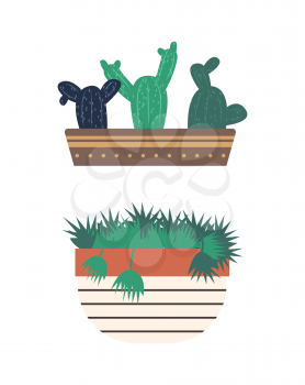 Greenhouse set of isolated plants vector, flowerpot with flora, flat style. Conservatory with greenery for home, flower with foliage, cactus with thorns