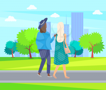 Women back view walking in city park, trees and grass, summertime. Vector buildings and people on walk, girl with sack and in hat, best friends spend time together