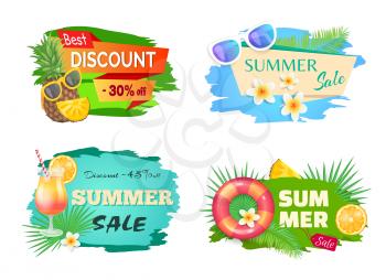 Best discount summer offer banners vector. Cocktail with straw and orange, palm tree leaves and pineapple wearing sunglasses, summertime stikers. Flowers floral elements