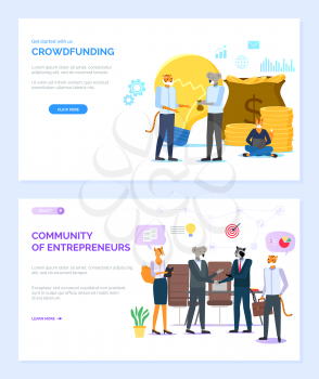 Community of entrepreneurs vector, business partners hipster animals wearing formal clothes and suits. Crowdfunding meeting of koala colleague. Website or webpage template, landing page flat style