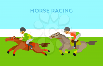 Horse racing, jockey riding by horseback, side view of people wearing helmet, loping of fast animals, competition of males character and stallions vector