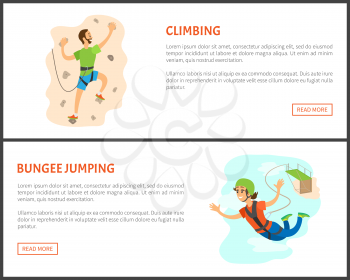 People with active lifestyles vector, flying woman wearing helmet and tied to bridge with rope for protection, male climbing wall with rocks training