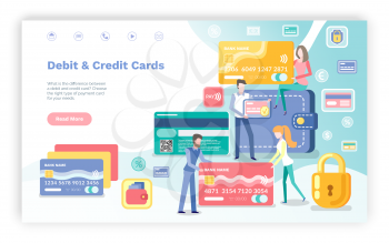 Credit and debit cards vector, banking system customers in bank using services of institution. Man and woman with plastic object dollars money. Website or webpage, landing page flat style. Mobile bank