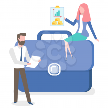 Man and woman holding financial report, billions and growth arrows, handbag accessory, workers characters, teamwork and investment success vector