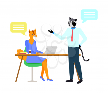 Worker fox sitting at table working with laptop, portrait view of raccoon manager character. Workplace or office with hipster animals, employee vector