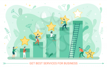 Best service vector, man and woman working hard on business development, making it better, chart with stars made of gold, ladder up and foliage poster. Get best services for business
