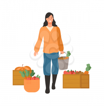 Farming woman harvesting vector, farmer carrying metal bucket with carrots, tomatoes apples in wooden containers by lady, isolated person with veggies