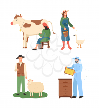 People working at farm vector, man with sheep, person beekeeping hobby and business, organic products. Farming woman with cow and goose flat style