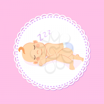 Baby shower greeting card, newborn lying on side and sleeping. Vector dormant child in diaper cartoon boy or girl infant. Kids milestones, 1 to 6 month