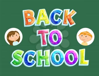 Back to school, boy and girl in white circle frames vector. Poster with classmates, schoolboy and schoolgirl, september autumn season, schooling time