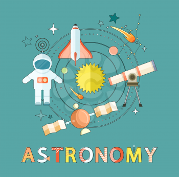 Astronomy poster with astronaut and rocket, comets and stars, constellations and star shapes, telescope and orbiting satellite with planets vector icons