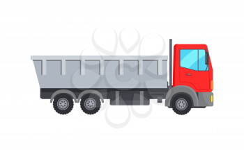 Garbage collector truck with red cabin vector big heavy car isolated on white. Auto for collecting rubbish, dustcart transportation vehicle isolated