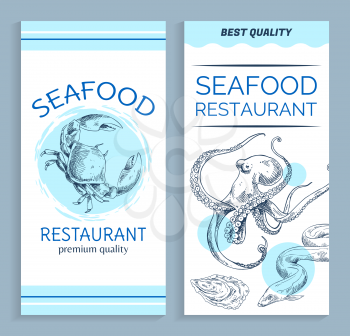 Best quality seafood restaurant hand drawn banner. Squid and shellfish, electric eel and big crab sketch vector illustration poster design with blue spots.