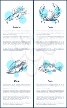 Lobster and crab posters set with text sample and headlines. Fish and seafood in sketches. Clam and bass animals of sea waters vector illustration