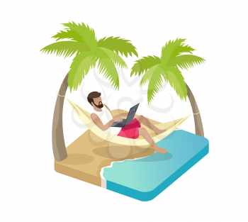 Person works on vacation cartoon vector icon. Man on beach with laptop, lying on hammock between palms near seaside, remote working concept badge