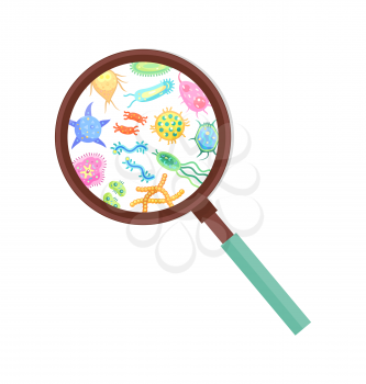 Bacteria and microbe or virus microorganisms through magnifying glass. Vector fancy shaped germ microscopic life creatures zoomed with loupe poster.