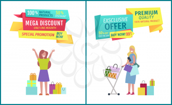 Mega discount and offer poster set with shopping ladies. Reduction of prices and active buying of products. Woman holding purse and trolley vector