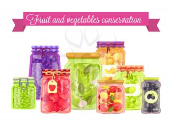 Fruit and vegetables conservation poster, glass jars with preserved food, domestic canned peas and strawberries, blackberries and tomatoes, peach and zucchini