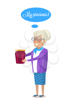 My precious strawberry or raspberry jam jar granny home cooking conserve. Vector smiling old woman holding canned jelly or marmalade glass isolated.