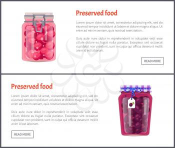 Preserved food posters with text and jars and conserved plums. Fruit preservation in glass bottles closed with metal hermetic cap. Canned meal vector