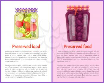 Preserved food pickles vegetables in pots. Cucumber and tomatoes accompanied with garlic and onion. Plums confiture and jam in jar posters vector