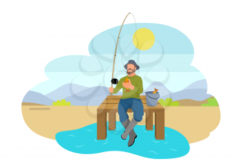 Fishing fisherman with rod and fish vector illustration. Fisher sitting on platform with fish-rod and full bucket isolated on landscape sport theme