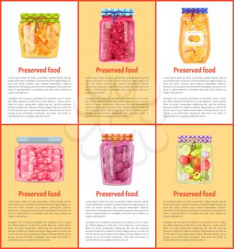 Preserved fruit and vegetables vector illustration. Raspberry and plum, cherry and orange, citrus jam and pickled salad in glass jars, food poster