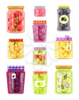 Preserved fruit and vegetables set vector illustration. Tomato and pineapple, plum and apricot, olive and salad, berry jam, with spices in glass jars