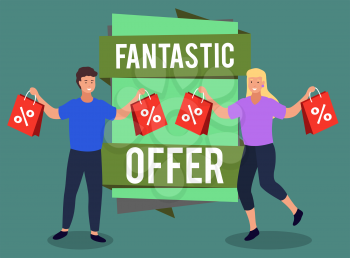 People showing purchase on sale. Promotional banner with stripes. Fantastic offer for shoppers. Happy clients with bags. Man and woman holding package with product bought with discounts vector
