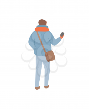 Person wearing warm clothes during wintertime vector. Man walking with sack on shoulder holding waller or phone in case. Winter seasonal clothing