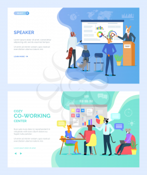 Speaker vector, deer animal giving presentation to listeners, whiteboard with information, businessman on cozy coworking center with colleagues. Website or webpage template, landing page flat style