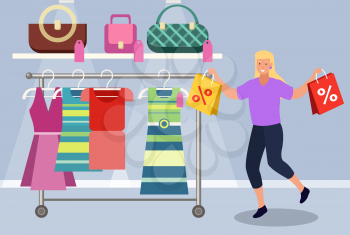 Female character shopping at store with clothes and accessories. Lady with bags passing hangers with dresses and jackets, handbags for women. Boutique with fashionable items. Vector in flat style