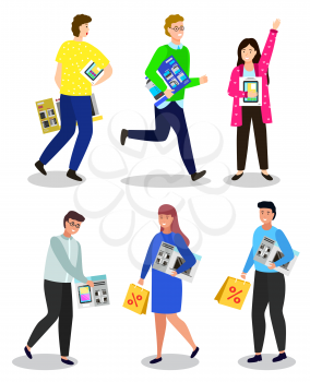Set of character holding new appliances and gadgets. Kid with new phone, man with tablet and woman with microwave oven and bag in hands. People at store buying items on sale and reduction vector