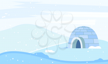 Igloo made from ice bricks by people. Housing for indigenous north families. Snow house or hut single located on ground. Beautiful landscape of circumpolar places. Vector illustration in flat style