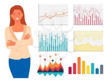 Infocharts and analytics vector, woman wearing formal suit smiling standing by boards and screen with data representation, charts and schemes set